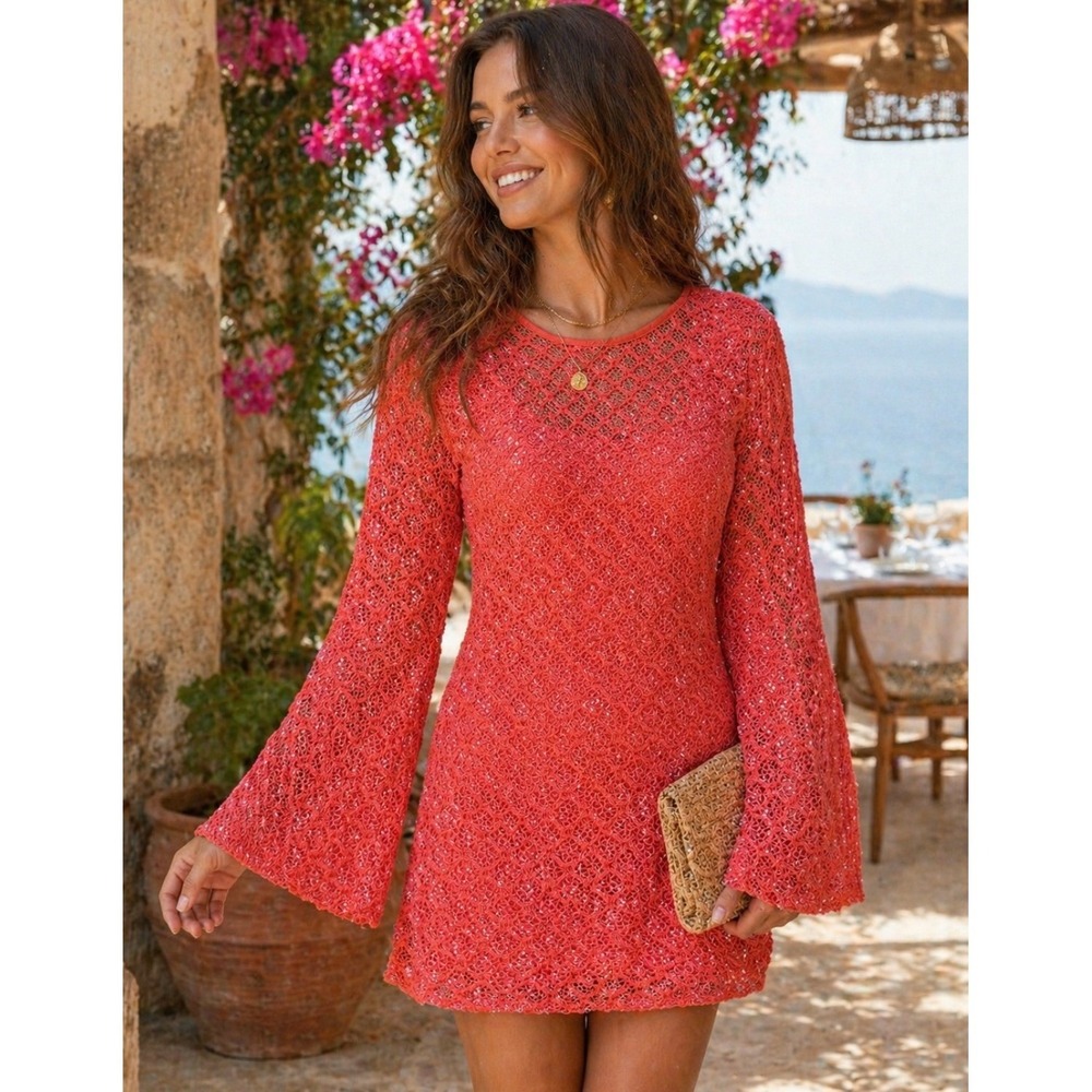Lovely Day Coral Orange Sequin Crochet Lace Bell Sleeve Mini Dress Small EUC